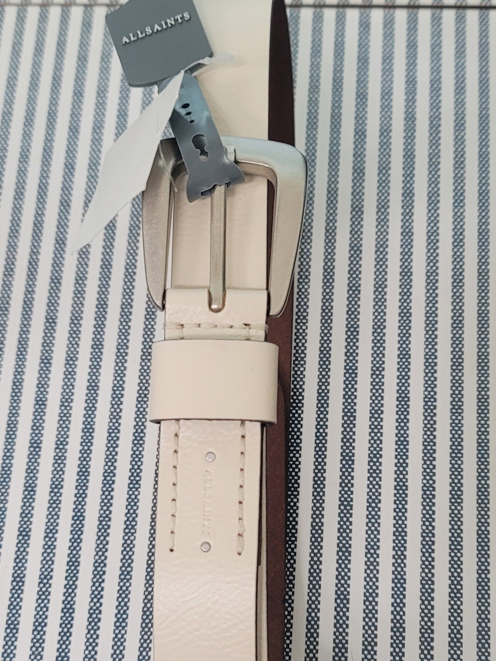 AllSaints Men's Cream Leather Belt with Silver-Tone Buckle